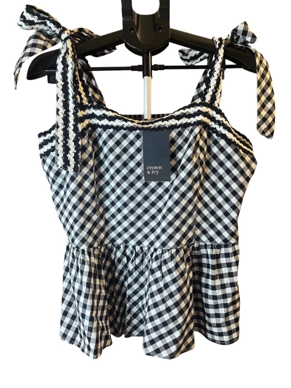 Crown and Ivy Black and White Gingham Tie-Shoulder Peplum Camisole NWT $54